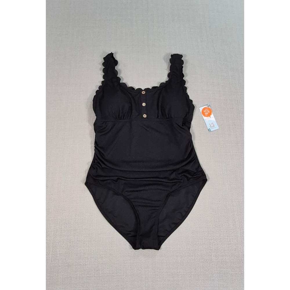 Charmo Black Ribbed Scalloped Tummy Control One Piece Swimsuit UPF 50+ Large NWT